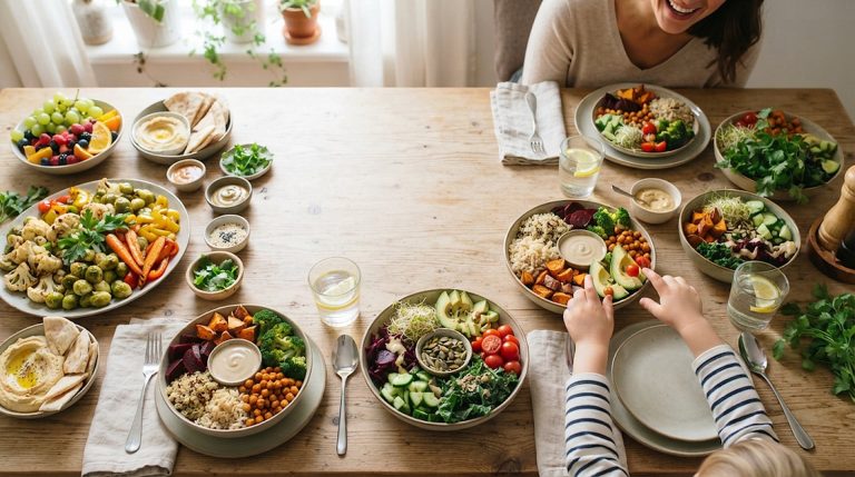 Colorful plant-based family dinner spread on a wooden table
