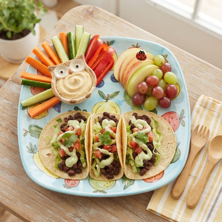 Kid-friendly plate with black bean tacos, veggies and hummus