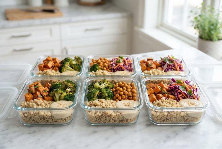 Plant-based meal prep containers with quinoa, sweet potato and chickpeas