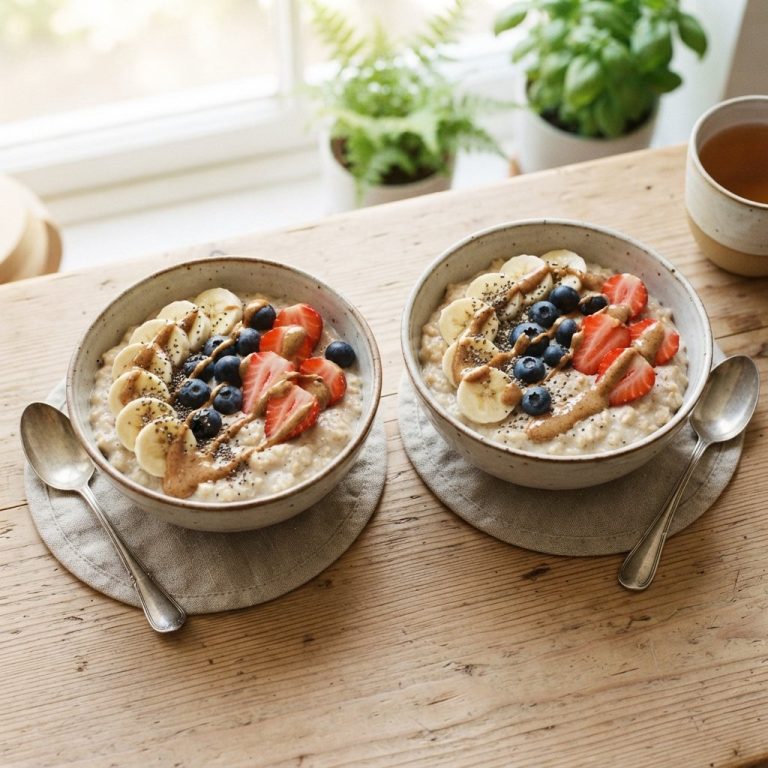 Oatmeal bowls topped with bananas and berries