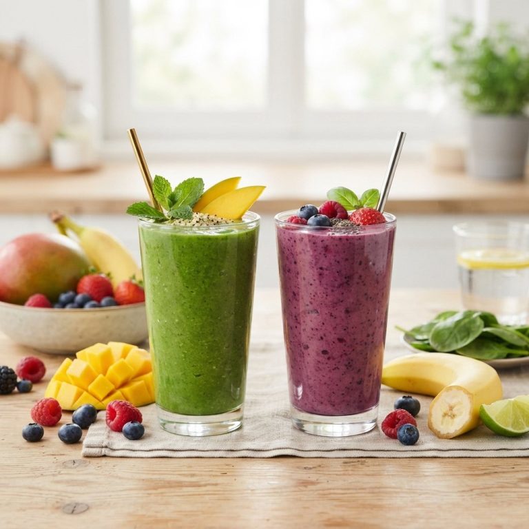 Green and berry smoothies with fresh fruit