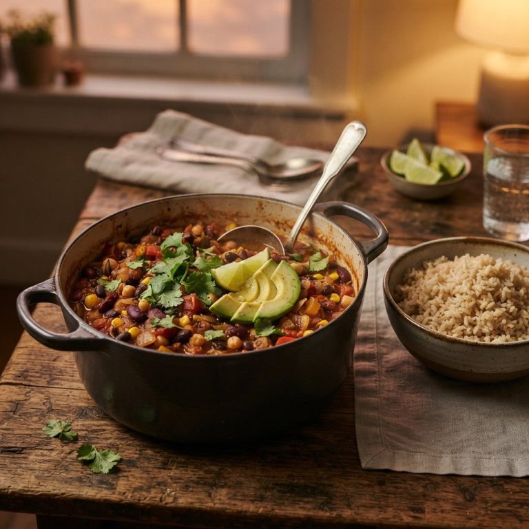 Three-bean vegetable chili with avocado and lime